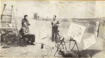 Гребенниковы за работой над панорамой <q>Целинная степь</q>. Фото А. Баулина, 1985 г.