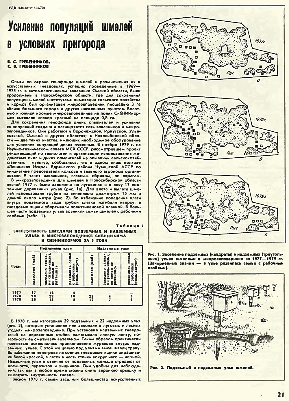 Усиление популяций шмелей в условиях пригорода. В.С. Гребенников, С.В. Гребенников. Пчеловодство, 1980, №4, с.21-22. Фотокопия №1