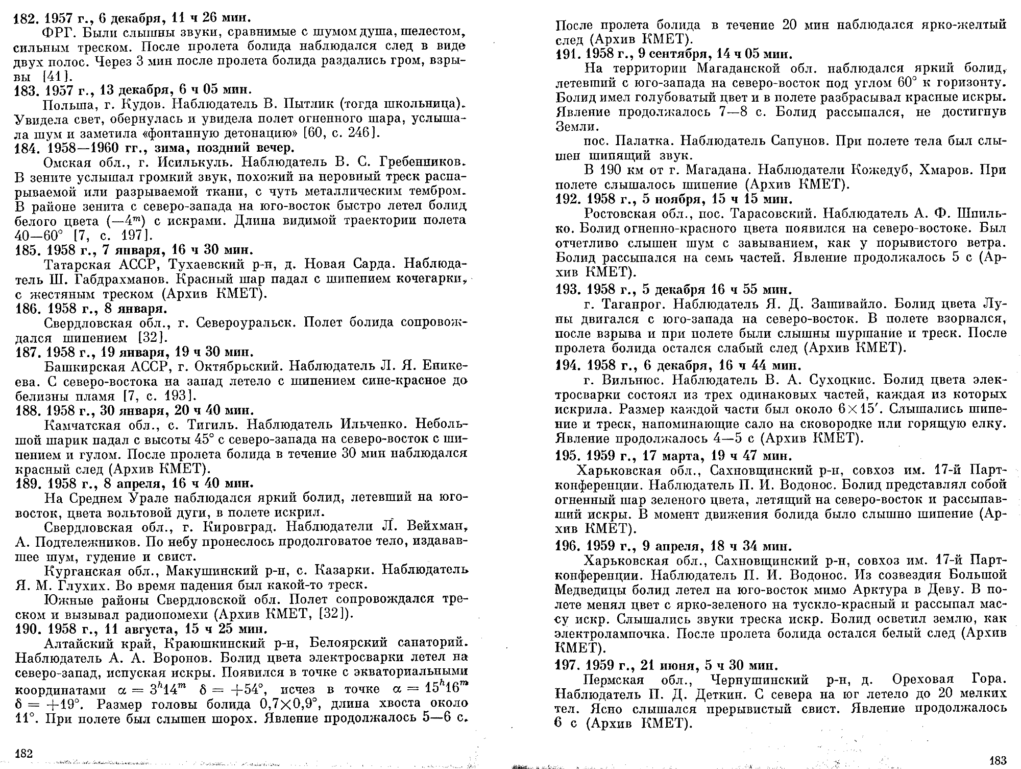 Каталог электрофонных болидов. В.А. Бронштейн, В.С. Гребенников, Д.Д. Рабунский. В кн. Актуальные вопросы метеоритики в Сибири, Новосибирск, Наука, 1988, с.158-204. Фотокопия №13