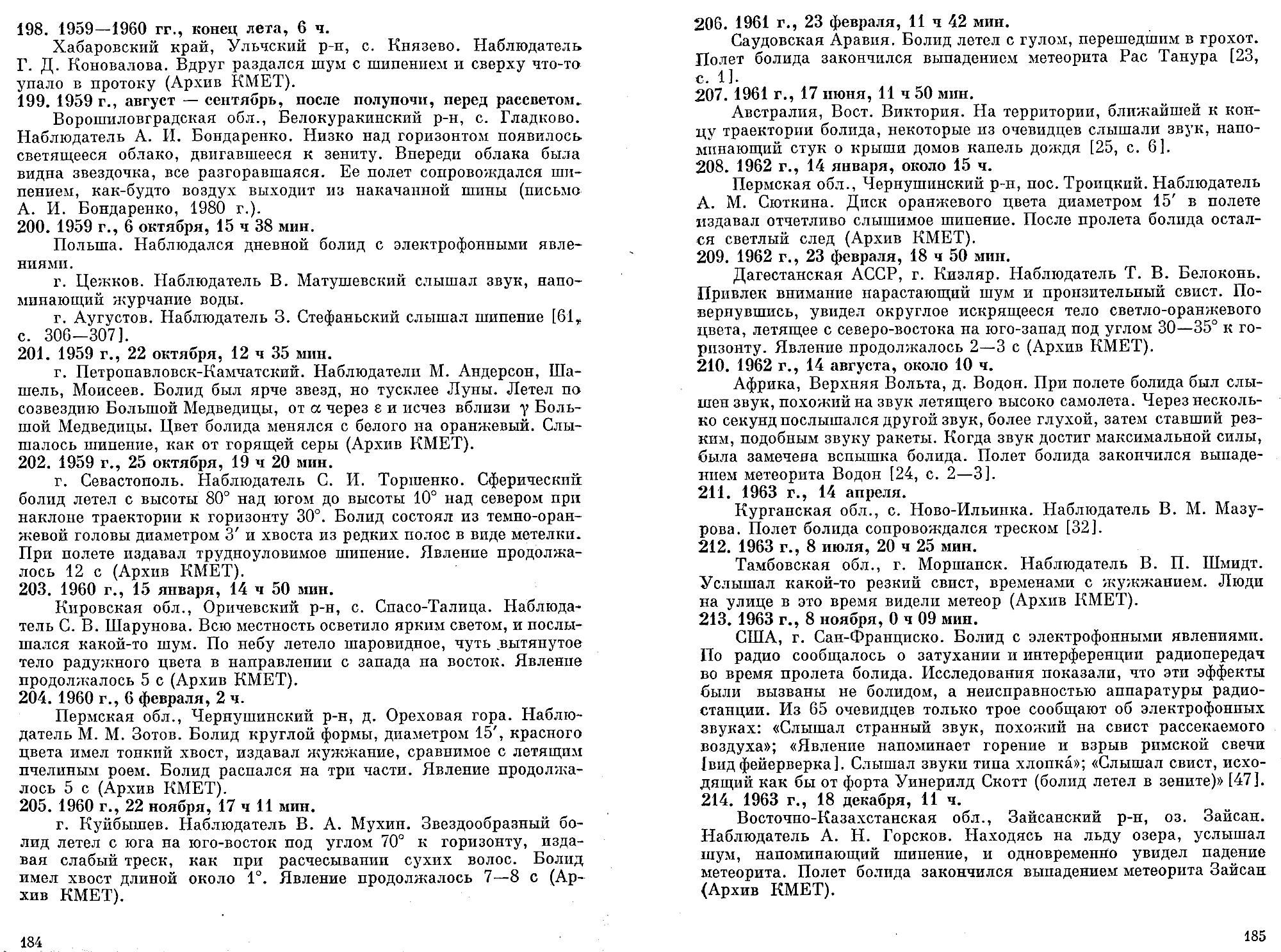 Каталог электрофонных болидов. В.А. Бронштейн, В.С. Гребенников, Д.Д. Рабунский. В кн. Актуальные вопросы метеоритики в Сибири, Новосибирск, Наука, 1988, с.158-204. Фотокопия №14