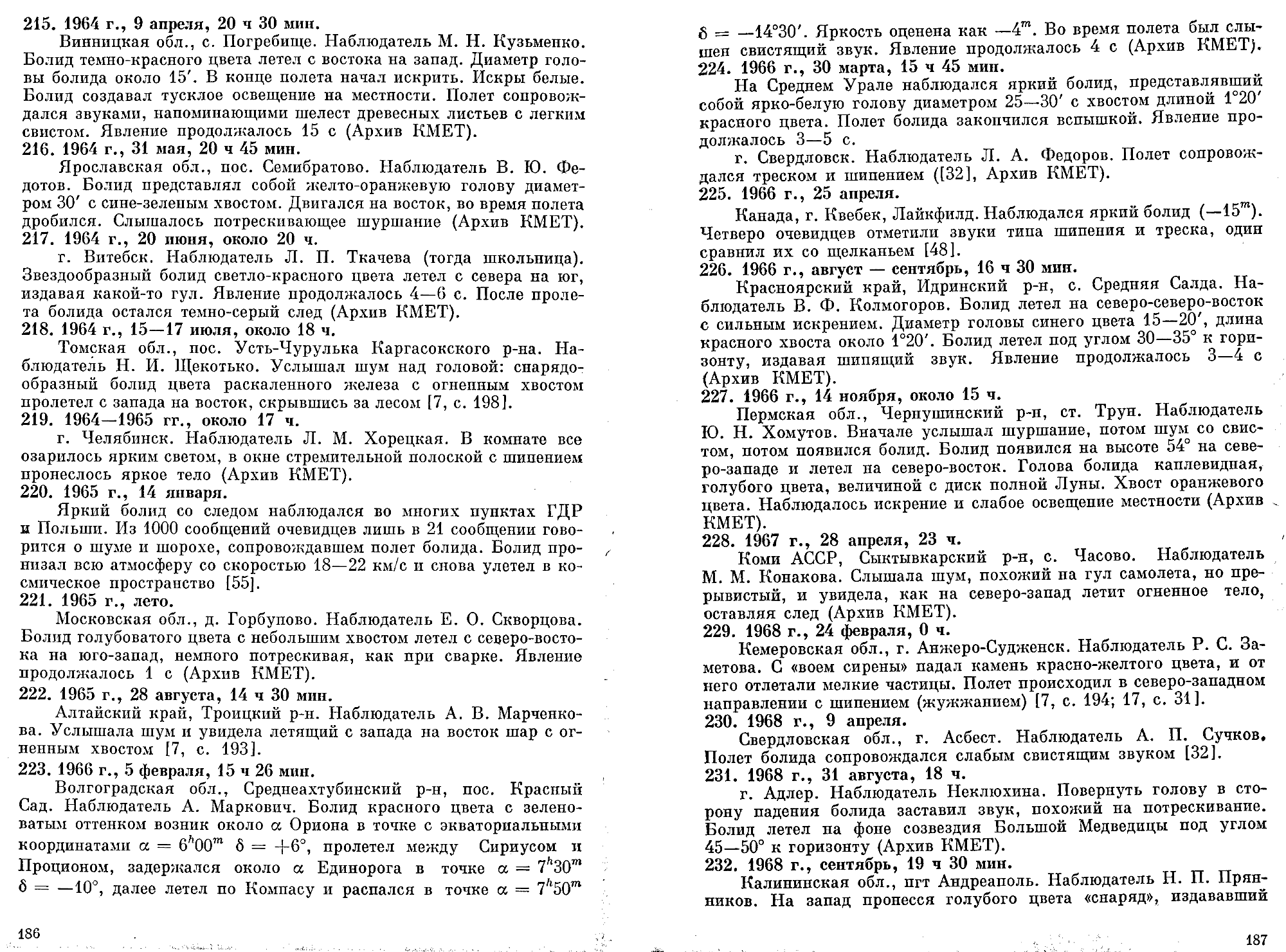 Каталог электрофонных болидов. В.А. Бронштейн, В.С. Гребенников, Д.Д. Рабунский. В кн. Актуальные вопросы метеоритики в Сибири, Новосибирск, Наука, 1988, с.158-204. Фотокопия №15