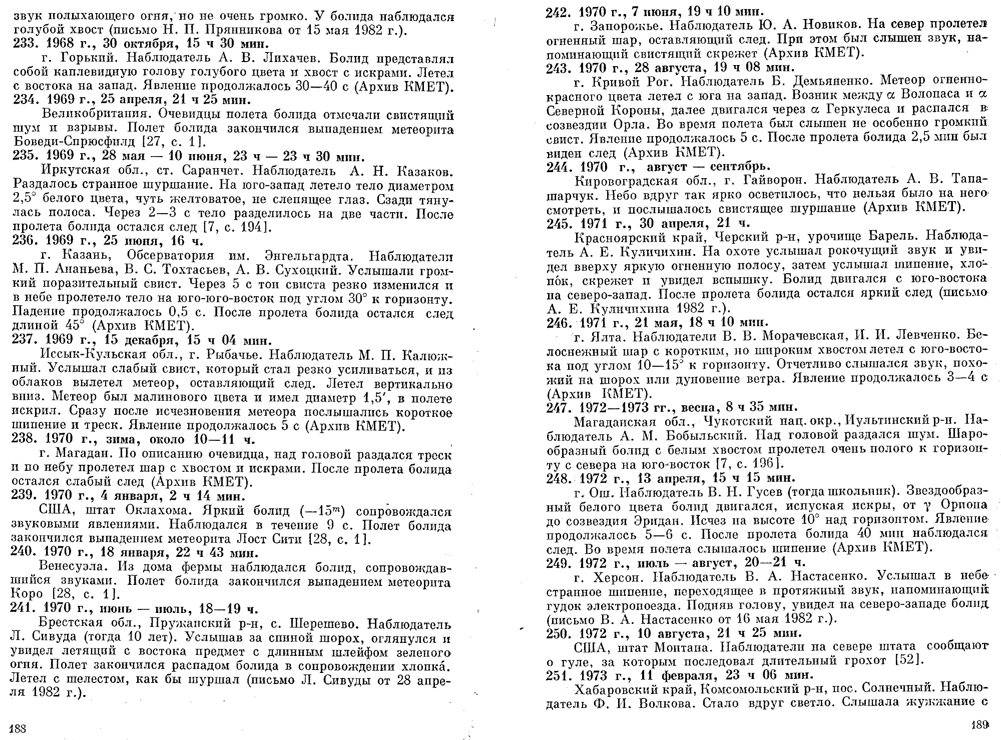 Каталог электрофонных болидов. В.А. Бронштейн, В.С. Гребенников, Д.Д. Рабунский. В кн. Актуальные вопросы метеоритики в Сибири, Новосибирск, Наука, 1988, с.158-204. Фотокопия №16