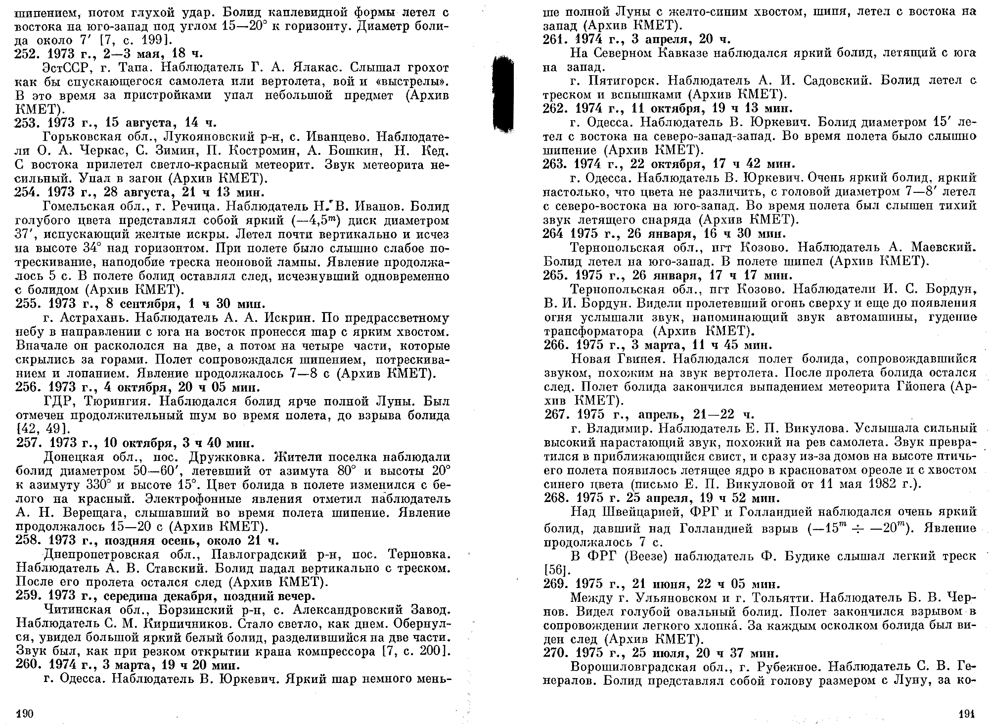 Каталог электрофонных болидов. В.А. Бронштейн, В.С. Гребенников, Д.Д. Рабунский. В кн. Актуальные вопросы метеоритики в Сибири, Новосибирск, Наука, 1988, с.158-204. Фотокопия №17