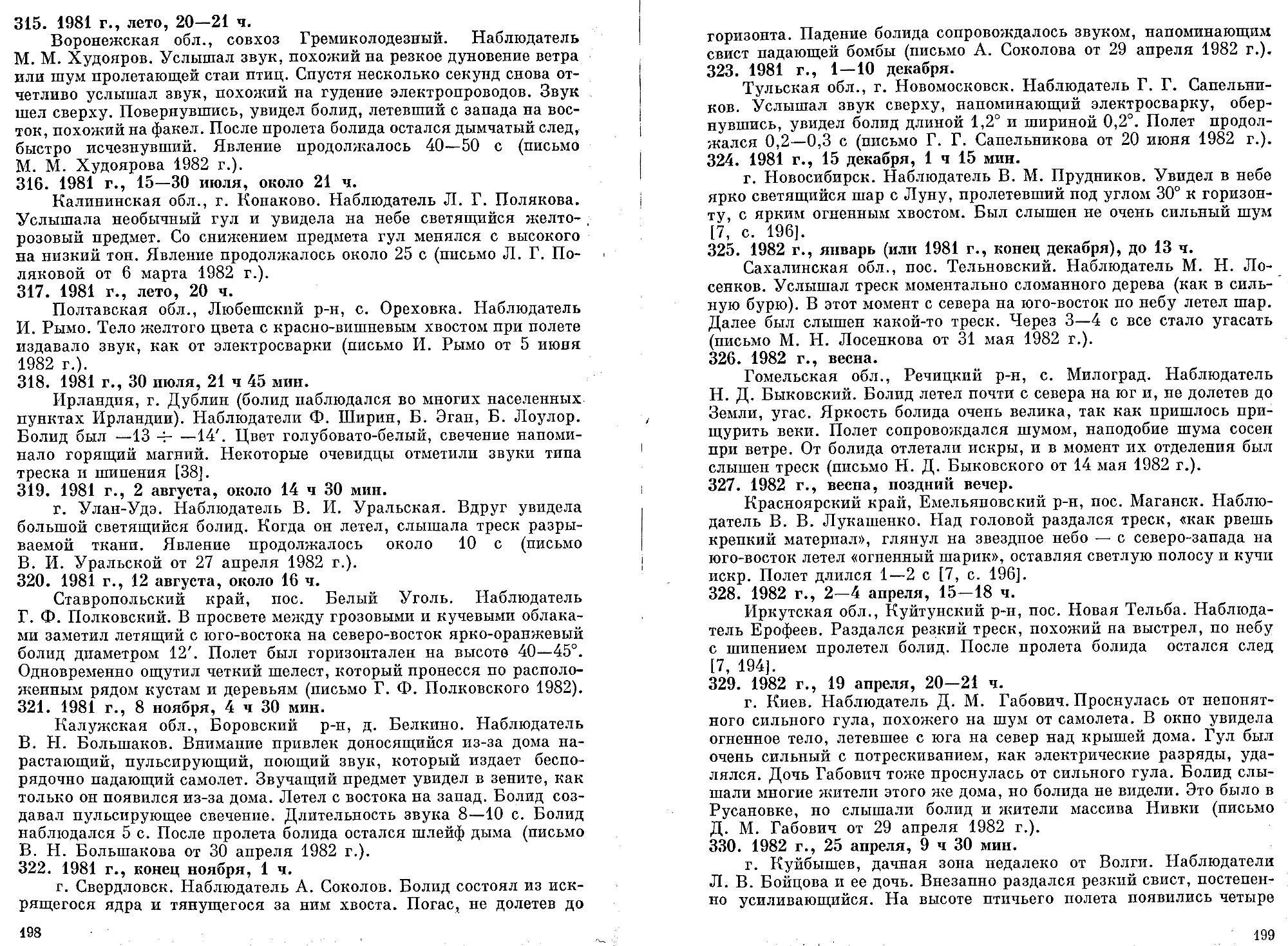 Каталог электрофонных болидов. В.А. Бронштейн, В.С. Гребенников, Д.Д. Рабунский. В кн. Актуальные вопросы метеоритики в Сибири, Новосибирск, Наука, 1988, с.158-204. Фотокопия №21