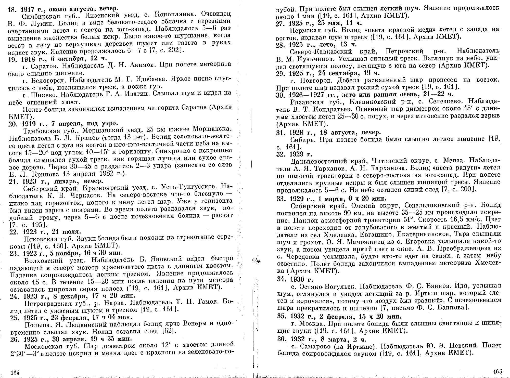 Каталог электрофонных болидов. В.А. Бронштейн, В.С. Гребенников, Д.Д. Рабунский. В кн. Актуальные вопросы метеоритики в Сибири, Новосибирск, Наука, 1988, с.158-204. Фотокопия №4