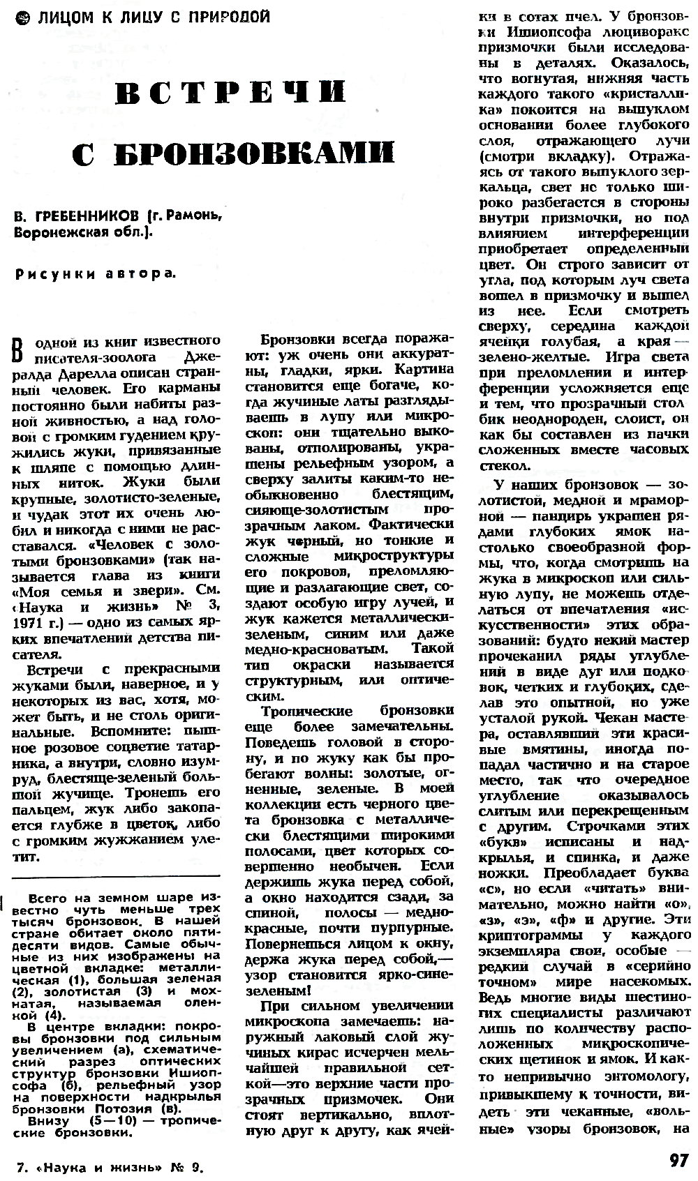 Встречи с бронзовками. В.С. Гребенников. Наука и жизнь, 1973, №9, с.97-99 (вкладка). Фотокопия №2