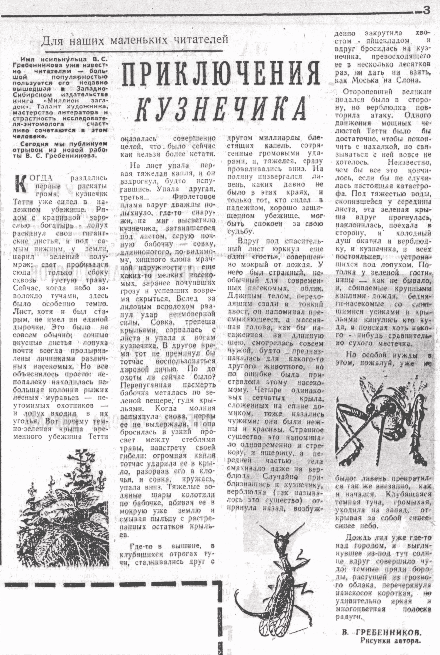 Приключения кузнечика. В.С. Гребенников. Омская правда, 22.06.1969.