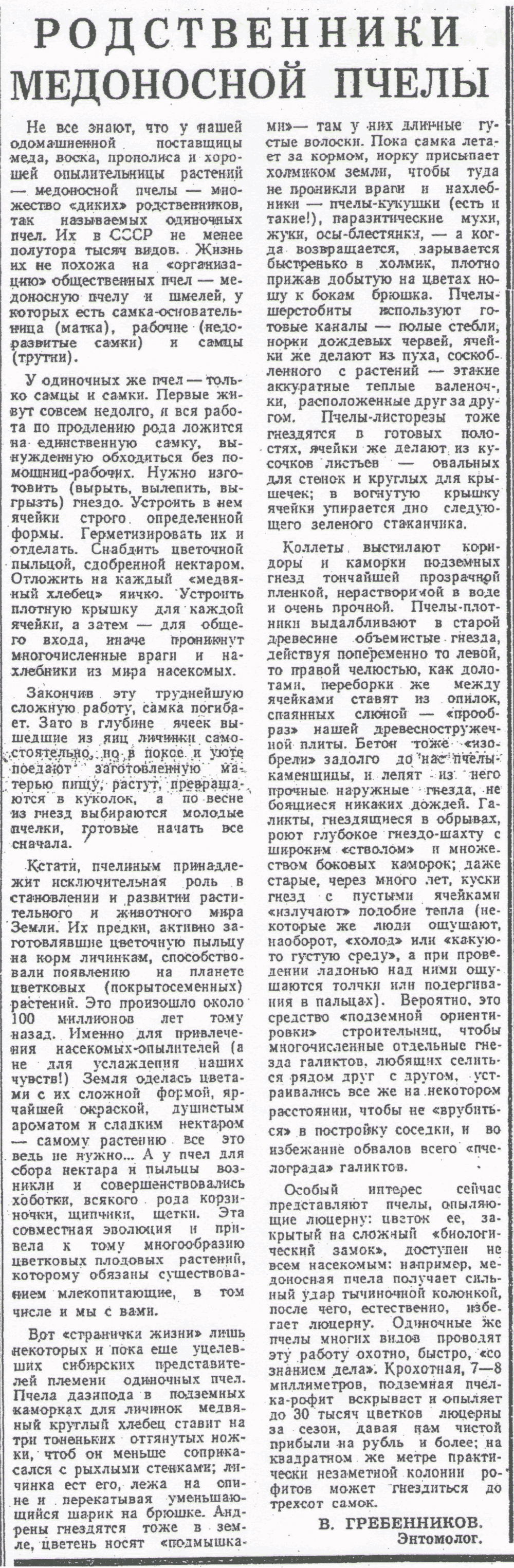 Родственники медоносной пчелы. В.С. Гребенников. Вечерний Новосибирск, 16.11.1981.